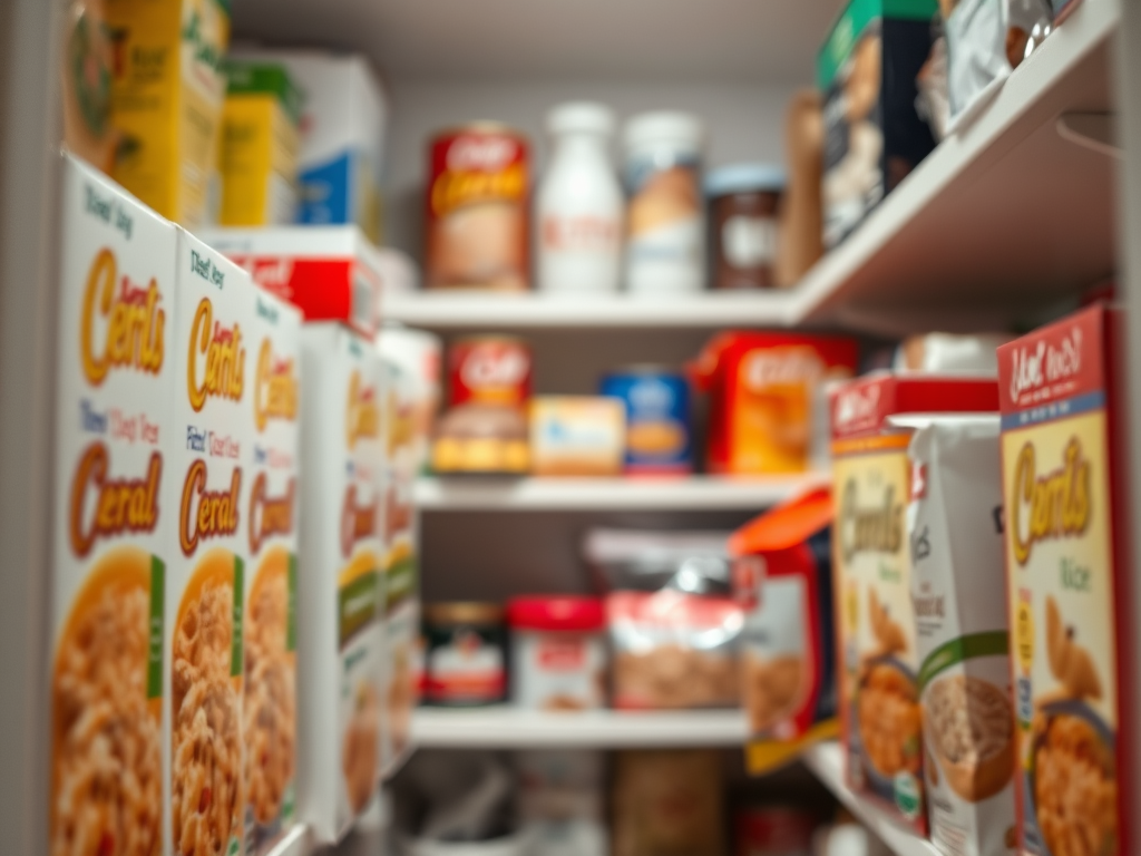 inside a pantry with cereal boxes and noodle and rice