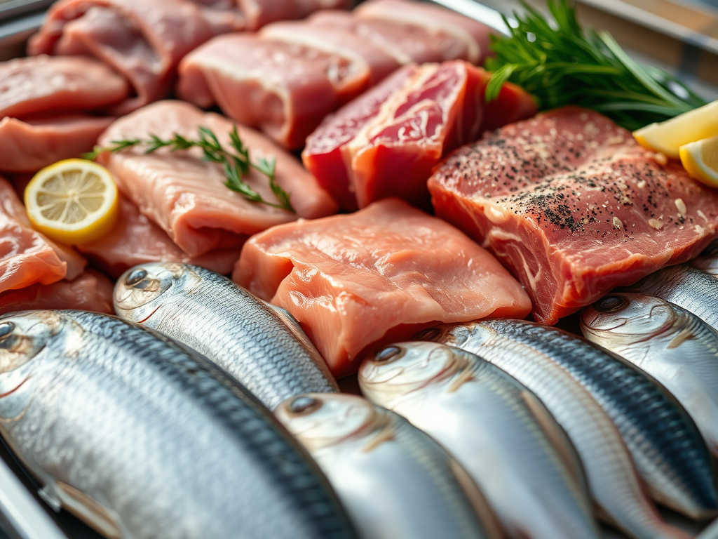 meat and fish on a tray